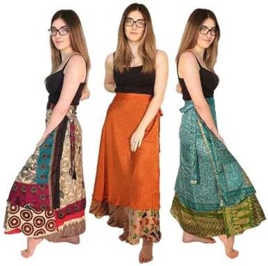 Boho Sari Silk Long Wrap Skirts - Set of 1 Multi