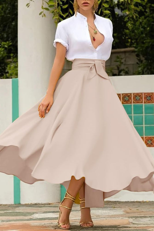 chouyatou Women's Elegant High Waisted Side Slit Irregular Bohemian Maxi Skirt with Pockets