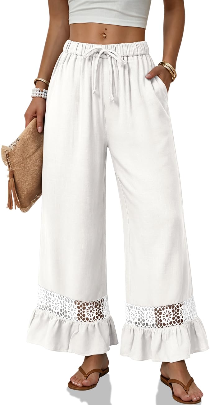 TARSE Linen Pants Women Wide Leg Lace Ruffle Hem Palazzo Pants with Pockets