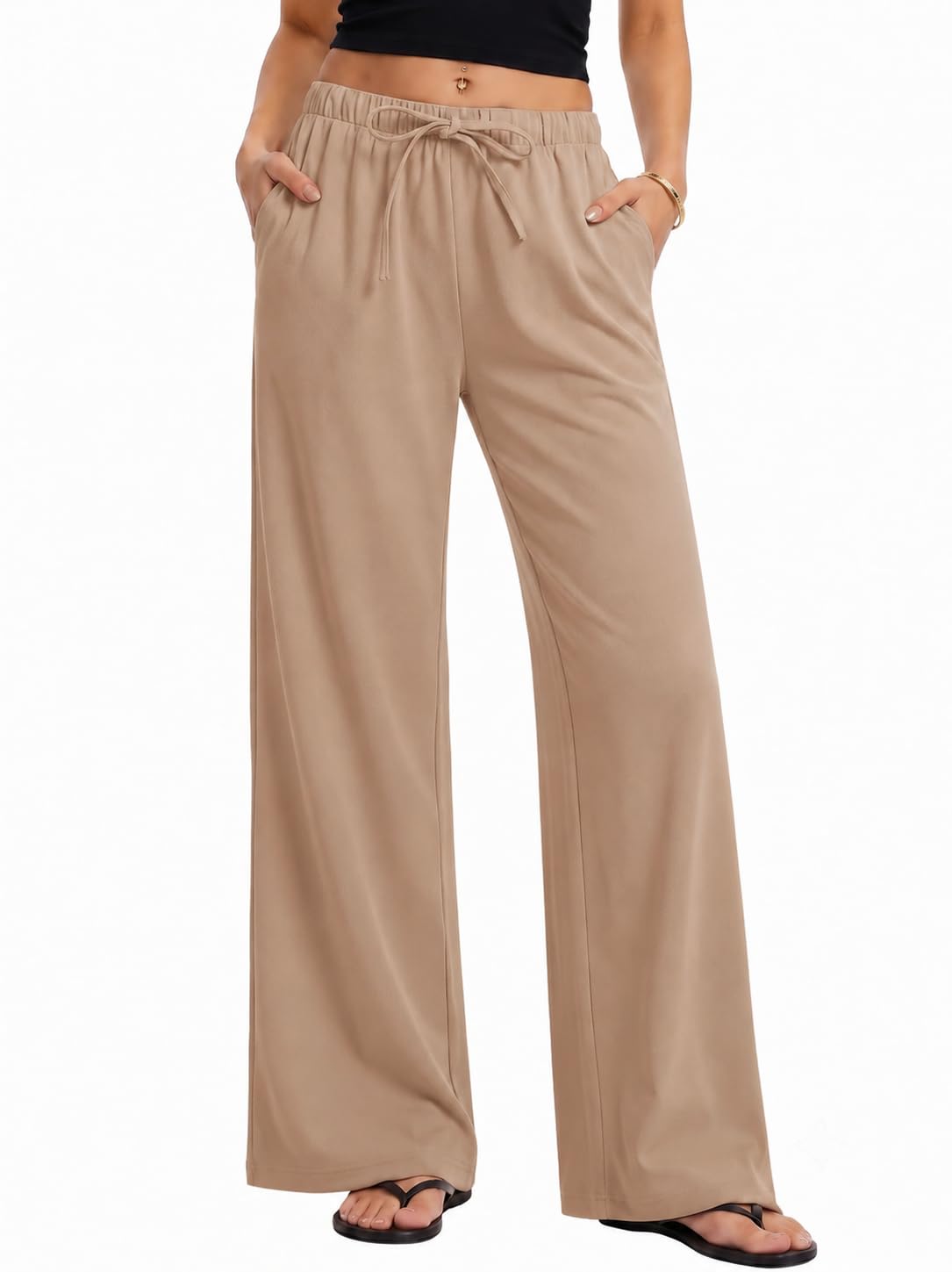 Micoson Womens Fall Wide Leg Crepe Pants Pull-On Work Trousers with Pockets