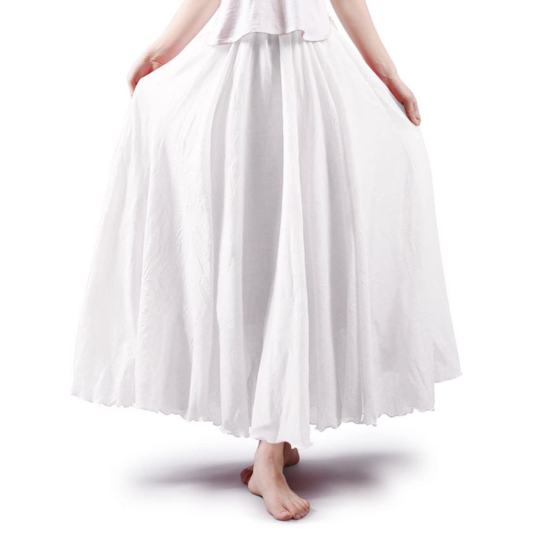 Women Bohemian Style Elastic Waist Band Cotton Linen Long Maxi Skirt Dress