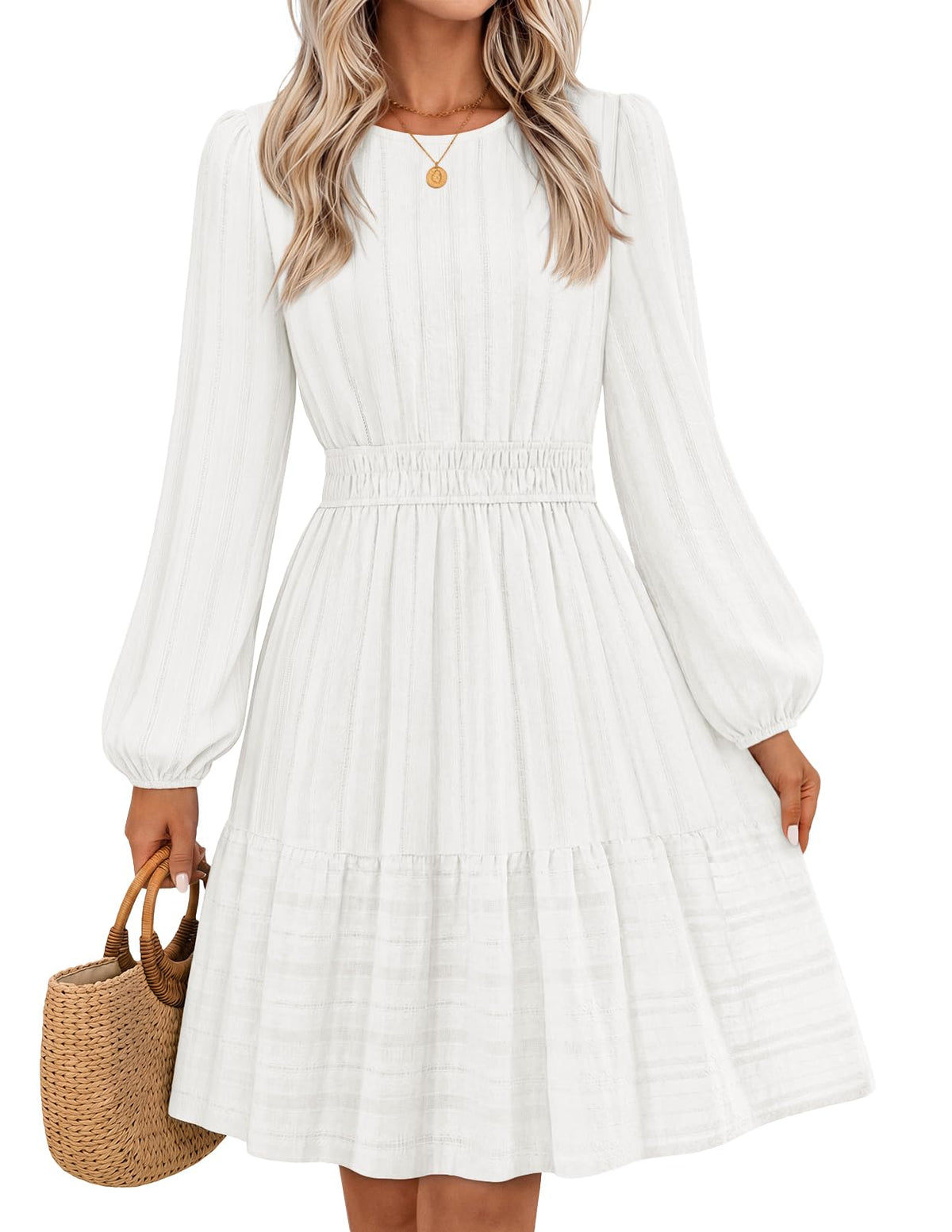 MEROKEETY Women's Fall Long Puff Sleeve Casual Boho Flowy Dress
