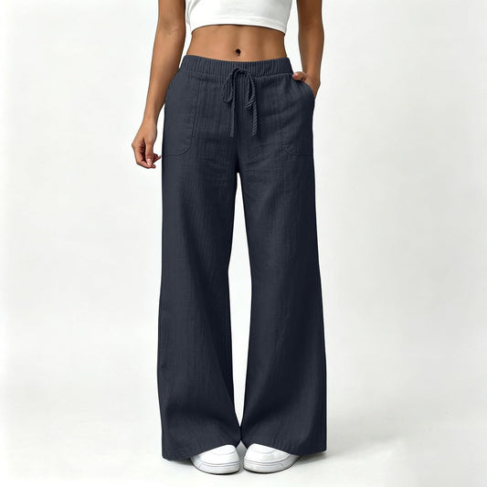 YRAETENM Wide Leg Linen Pants for Women Drawstring High Waisted Trousers