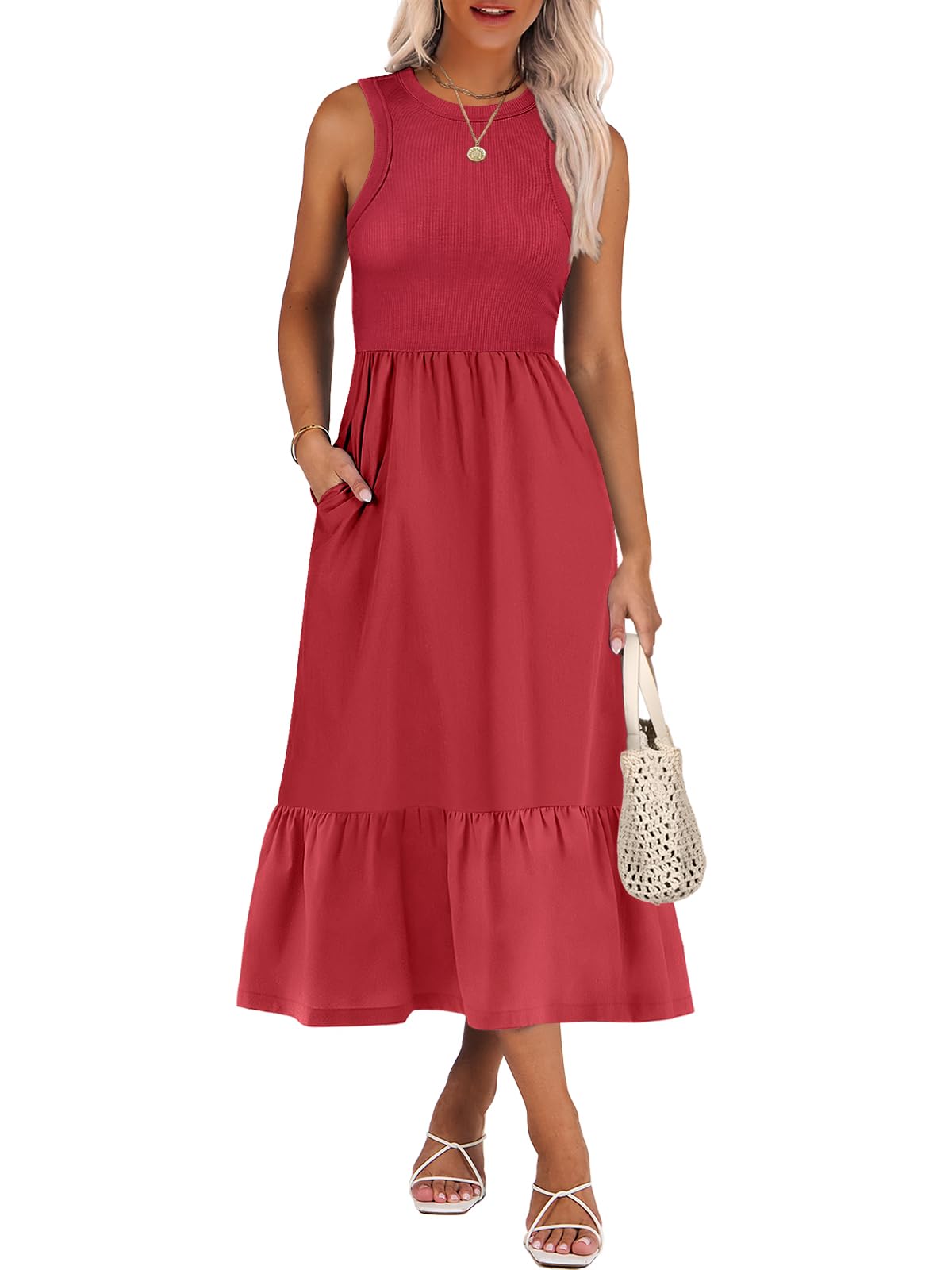 ANRABESS Womens Summer Dresses Casual Beach Tank Midi Sundress with Pockets