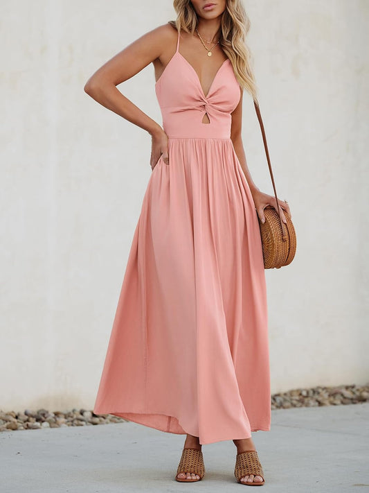 CUPSHE Women's V Neck Twisted Pleated Cutout Backless Formal Maxi Dress