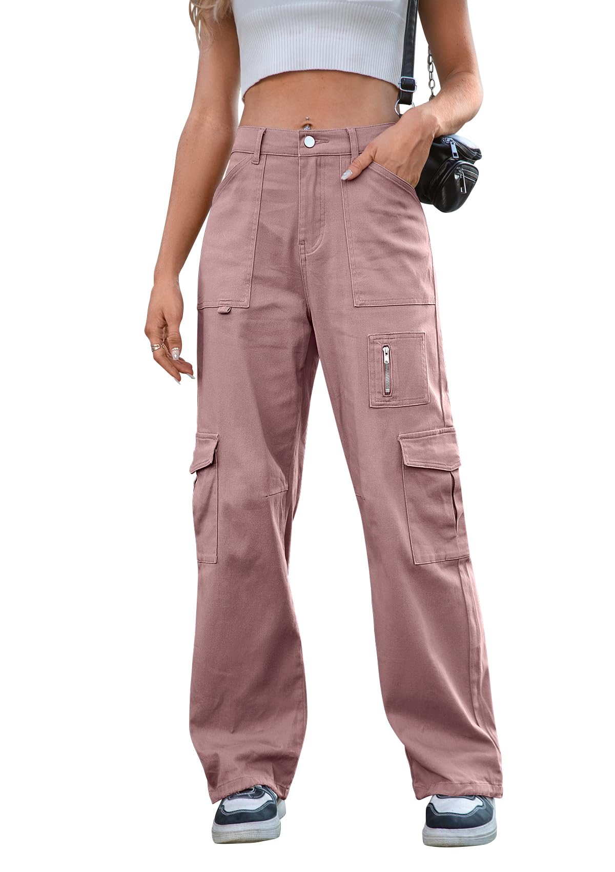 IVIR Cargo Pants Women High Waist Wide Leg Casual Pants with 7 Pockets Stretchy Drawstring Baggy Y2K Trousers