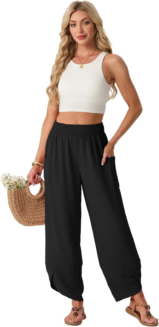 Lepunuo Womens Wide Leg Pants Palazzo High Waisted Smocked Trousers Summer Beach Casual Travel Pants 2026 with Pockets
