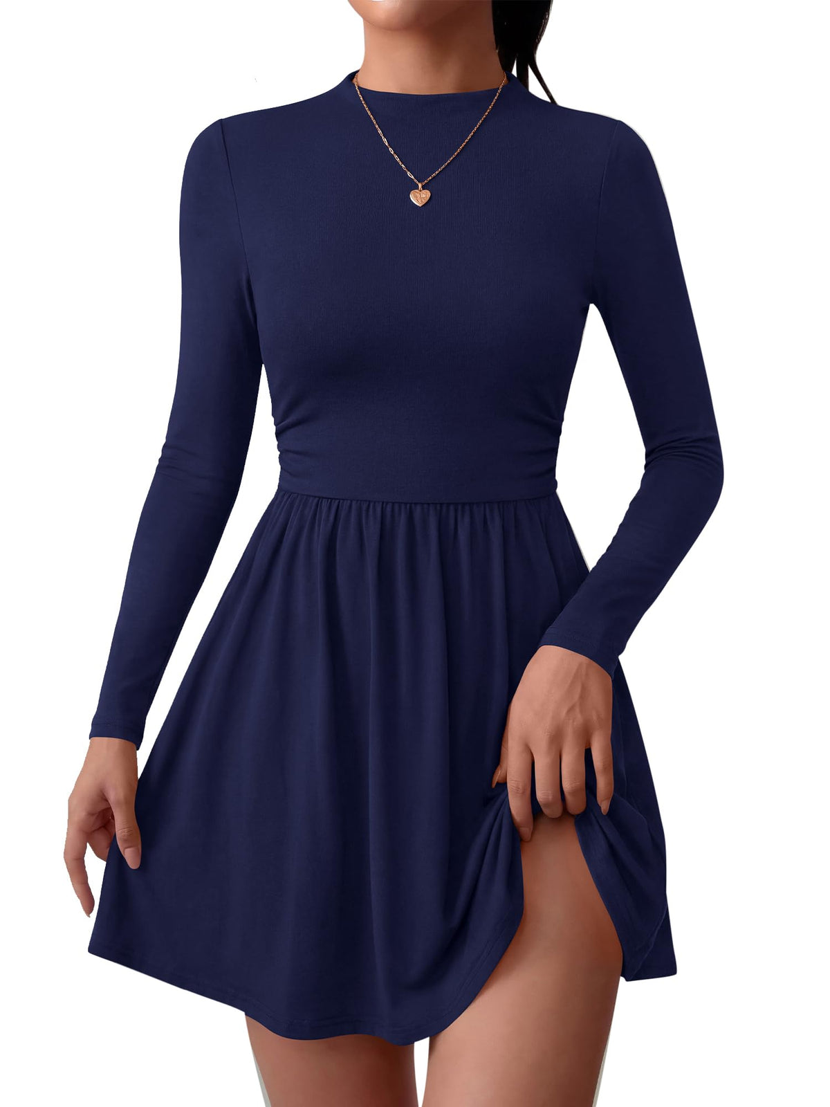 BTFBM Long Sleeve Dresses for Women Mock Neck A Line Flowy Mini Dress