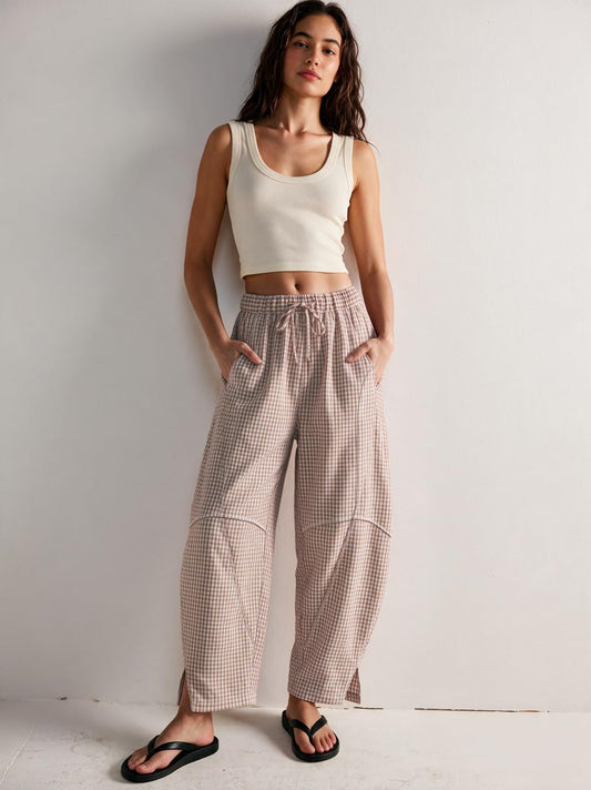 TARSE Womens Gingham Striped Linen Barrel Pants Drawstring Casual Trousers