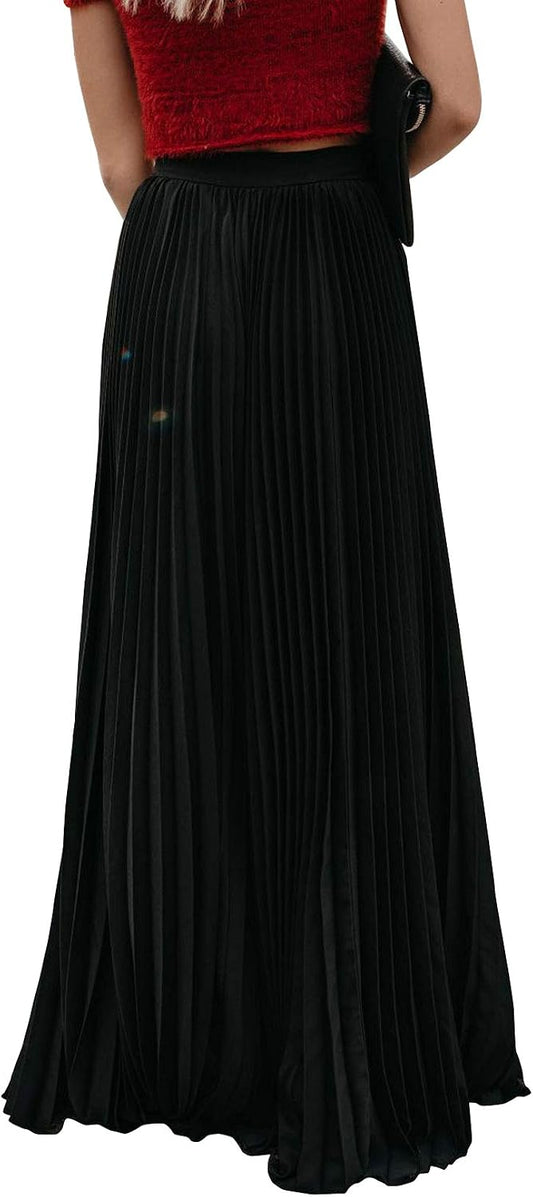 ebossy Women's High Waist Flowy Pleated Chiffon Maxi Skirt