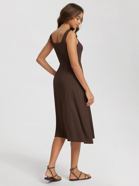 ODODOS Square Neck Midi Dress with Pockets for Women Summer Casual Sleeveless Sundress Flare Tank Dress