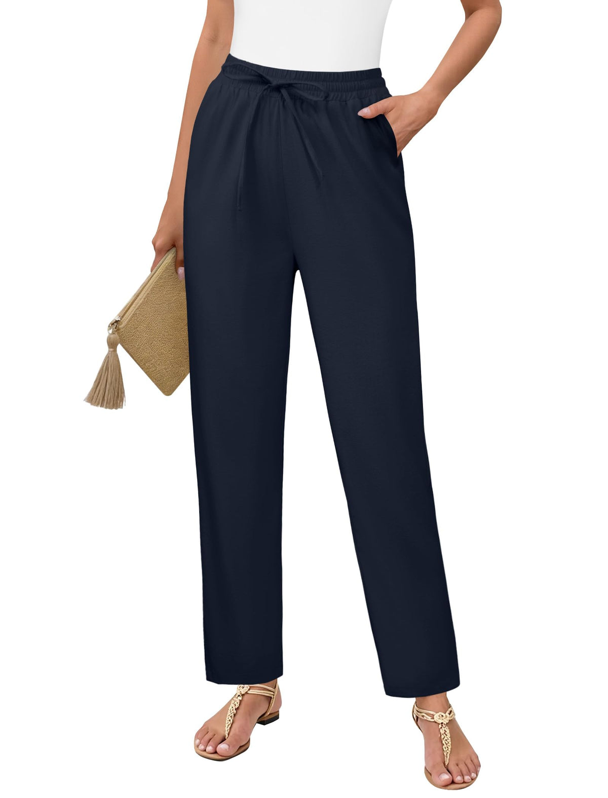 DLOODA Womens Linen Pants High Waisted Drawstring Casual Ankle Trousers