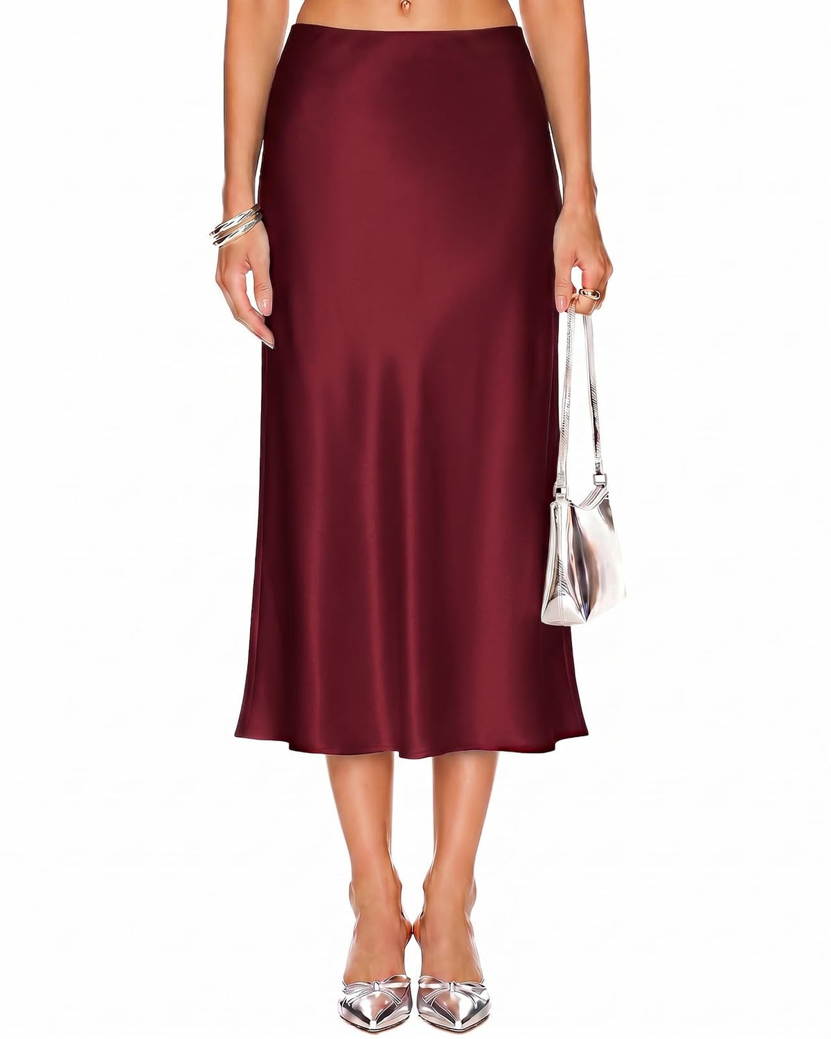 DooMoni Satin Skirts for Women White High Waisted Long Midi Silk Skirt