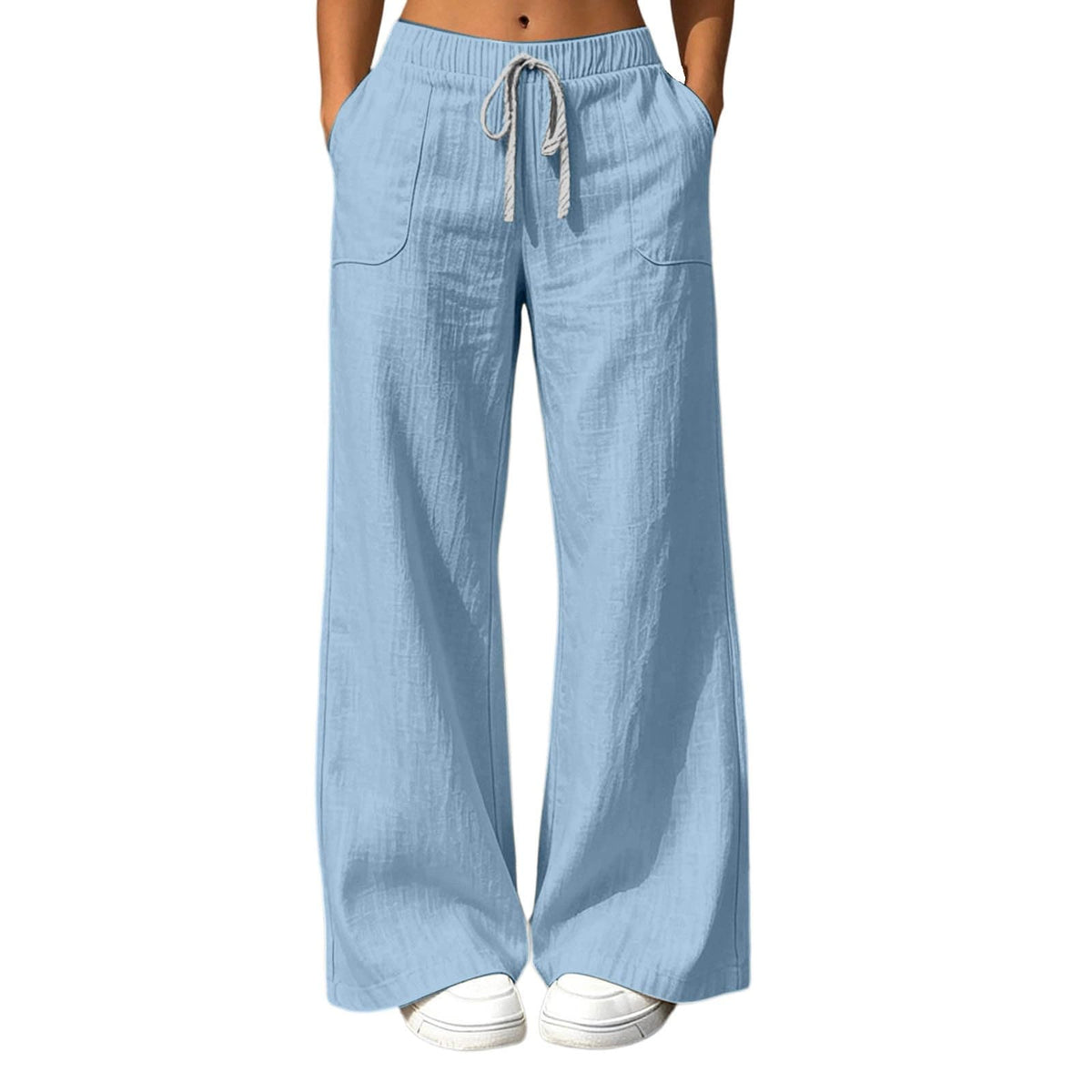 High Waisted Linen Pants Women Elastic Waist Wide Leg Flowy Lounge Pants Drawstring Palazzo Pant with Pockets