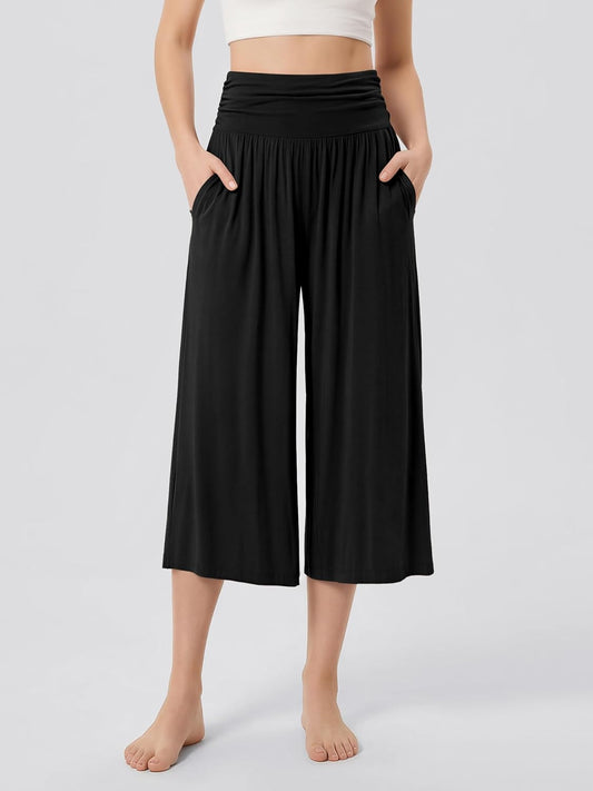 ODODOS Women's Wide Leg Palazzo Lounge Cropped Pants with Pockets Light Weight Comfy Pajama Capri Pants-20/22"/ 24" Inseam