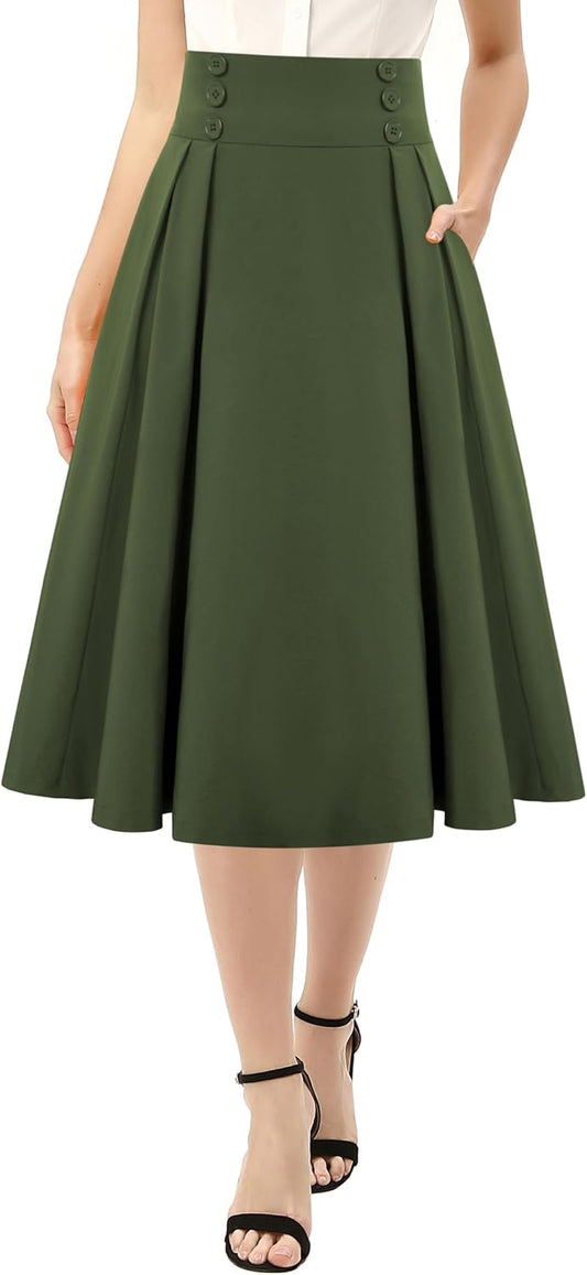 Belle Poque Women's Midi Pleated A-Line Skirts Pockets