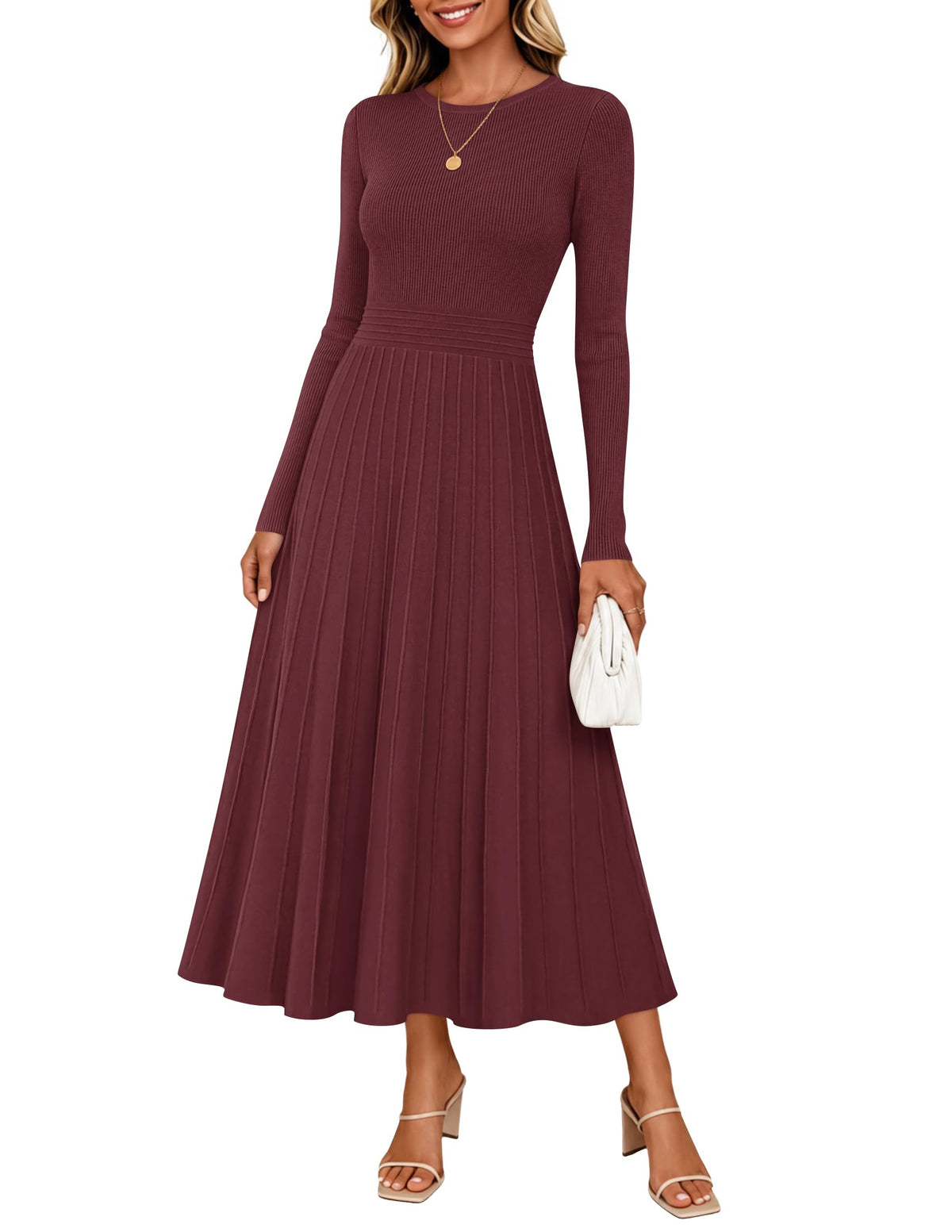 ZESICA Womens Fall Winter Pleated Cocktail Party Midi Sweater Dress