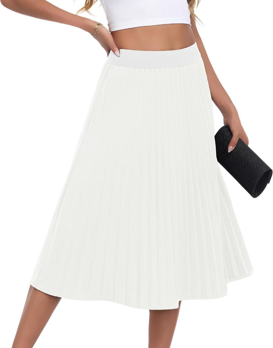 CZYINXIAN Pleated Midi Skirts for Women Elastic High Waist A-Line Skirt