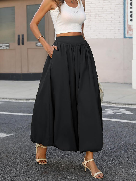 ELLEVEN Women's Bubble Maxi Skirt, Elastic Waist Puffy Hem A-Line Skirts