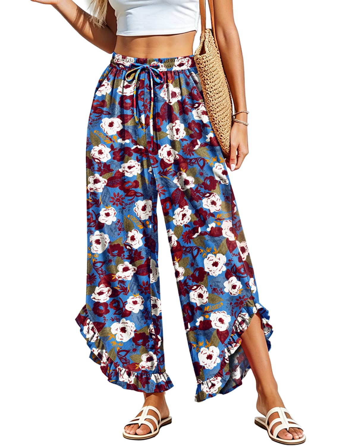 YESNO Women's Summer Wide Leg Ruffle Hem Cropped Casual Pants PAR