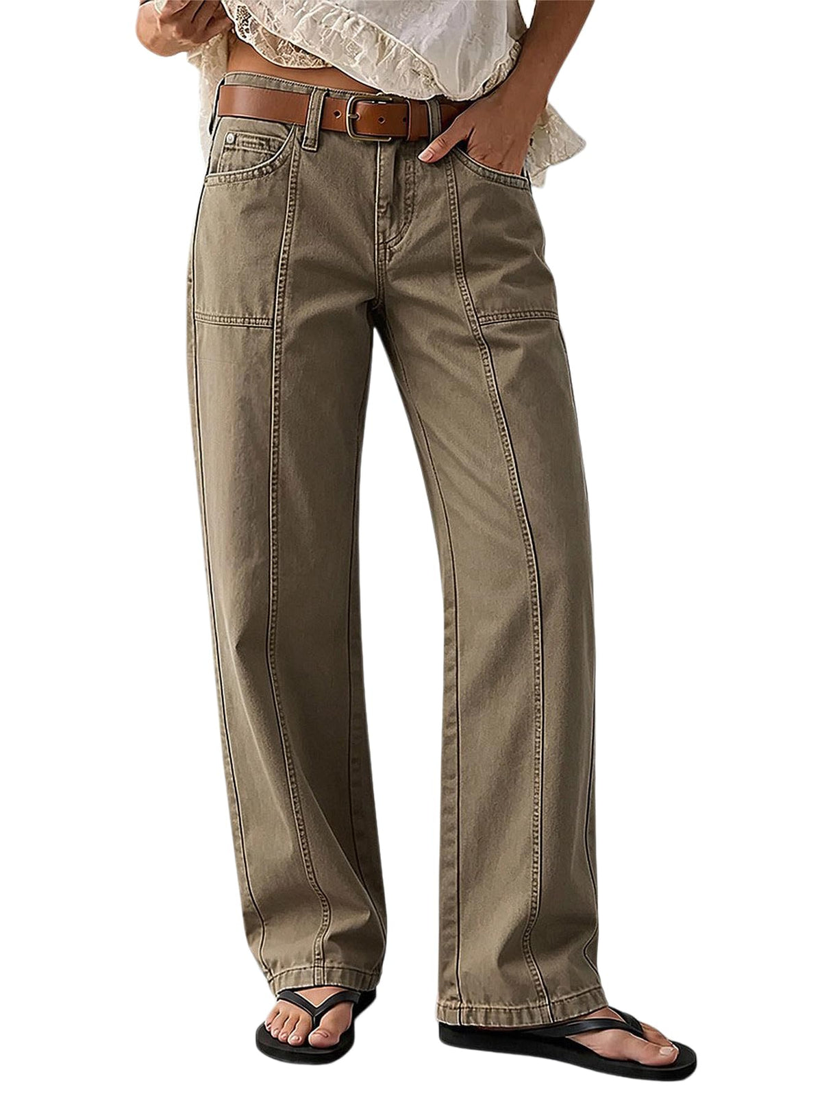 Flamingals Straight Leg Mid Waist Casual Styling Pants for Women