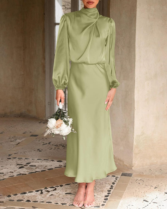 BTFBM Womens Mock Neck Satin Maxi Dress Fall 2026