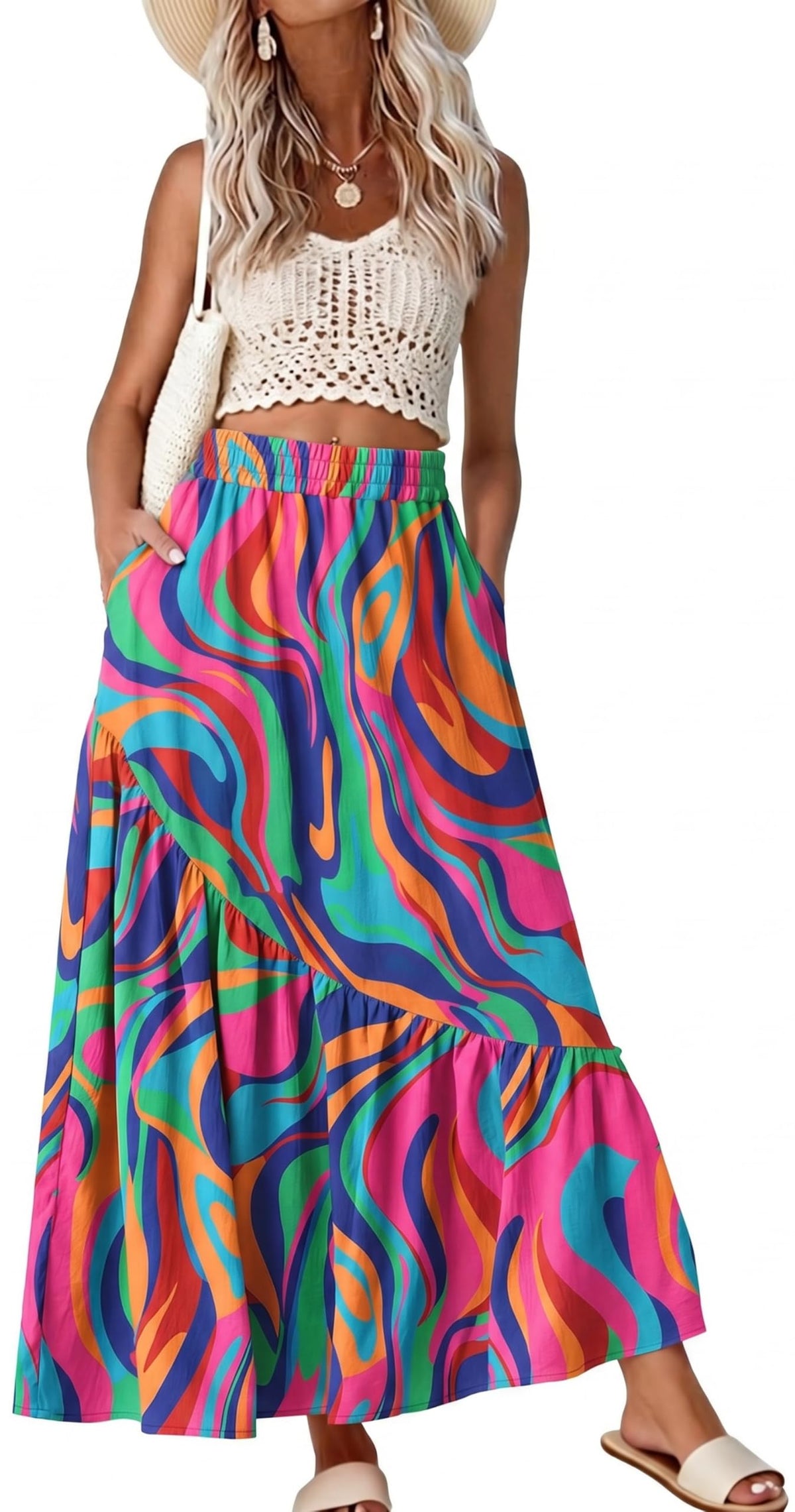 GRECERELLE Women's Maxi Skirt High Waist Tiered A-Line with Pockets
