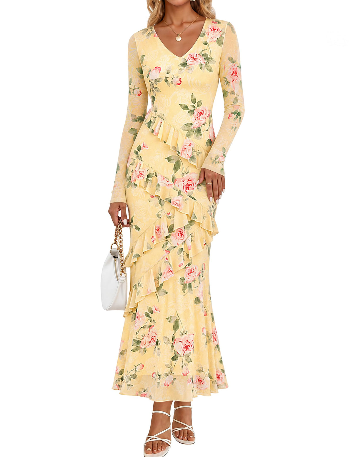 MEROKEETY Womens Fall Wedding Guest Floral Long Sleeve Bodycon Maxi Dress