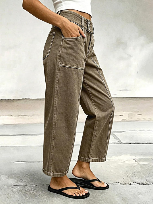 Flamingals Straight Leg Mid Rise Barrel Pants for Women