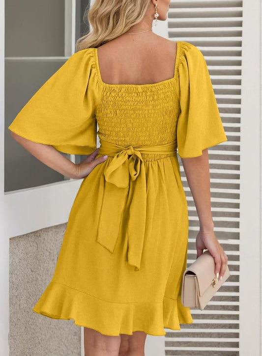 Dokotoo Women's Wrap V Neck Short Flared Sleeve Wedding Guest Dress Smocked Elastic Waist Tiered Belted Ruffle Hem Mini Dress