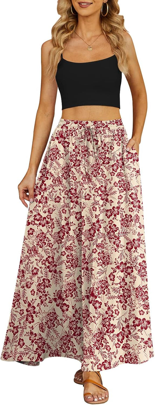 Yincro Women's Maxi Skirt Flowy High Waist Casual Long Skirts with Pockets