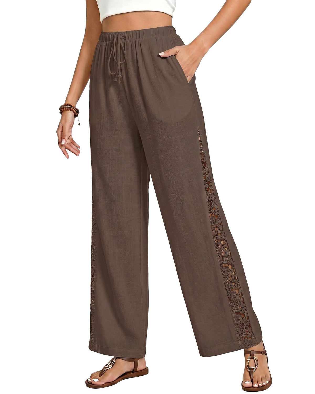 GRAPENT Linen Pants Women Wide Leg High Waisted Crochet Panel Pull On Elastic Waist Casual Summer Beach Vacation Pants