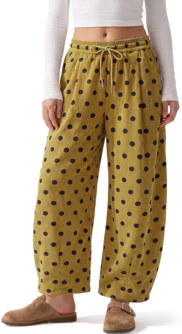 TARSE Women's Corduroy Barrel Pants Polka Dot Wide Leg Pants with Pockets