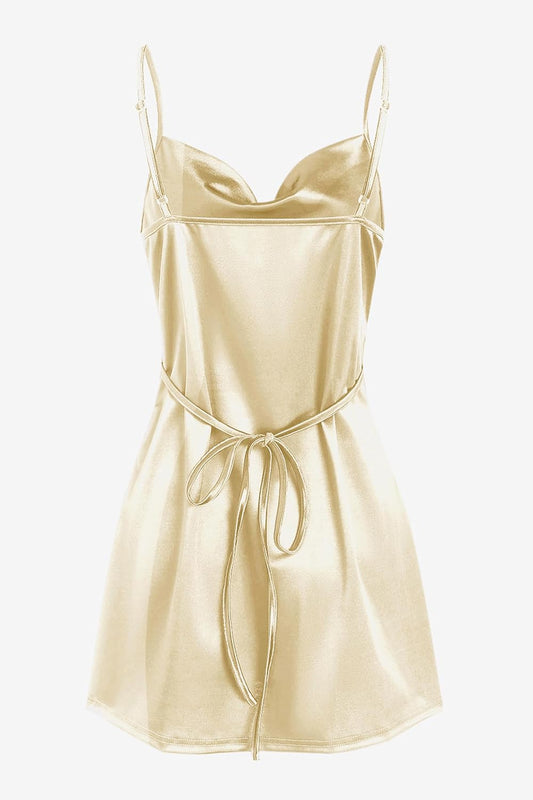ZAFUL Women Satin Cowl Neck Spaghetti Strap Mini Slip Cocktail Dress
