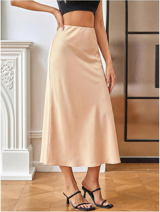 MakeMeChic Women's Satin High Waisted Fishtail Flowy Midi Skirt