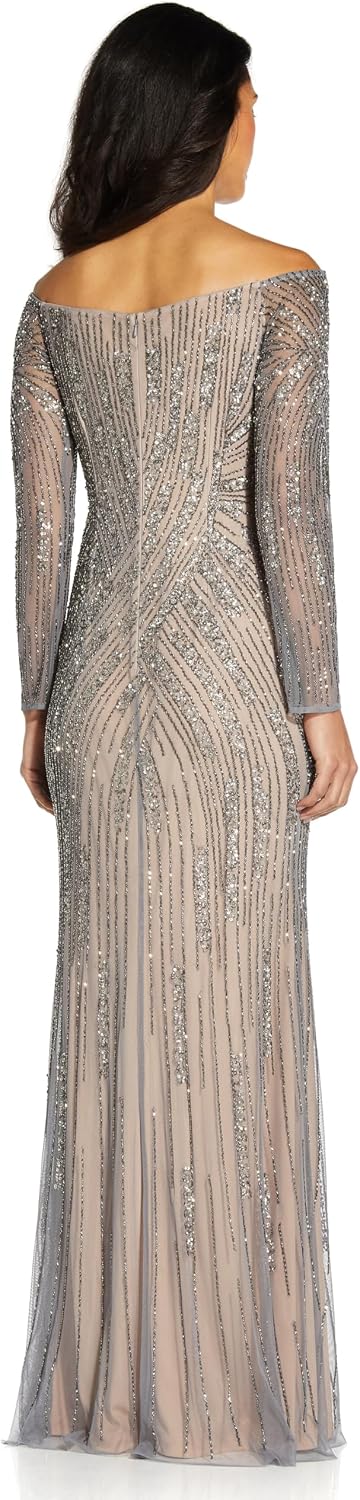 Adrianna Papell Womens Beaded Off Shoulder Gown
