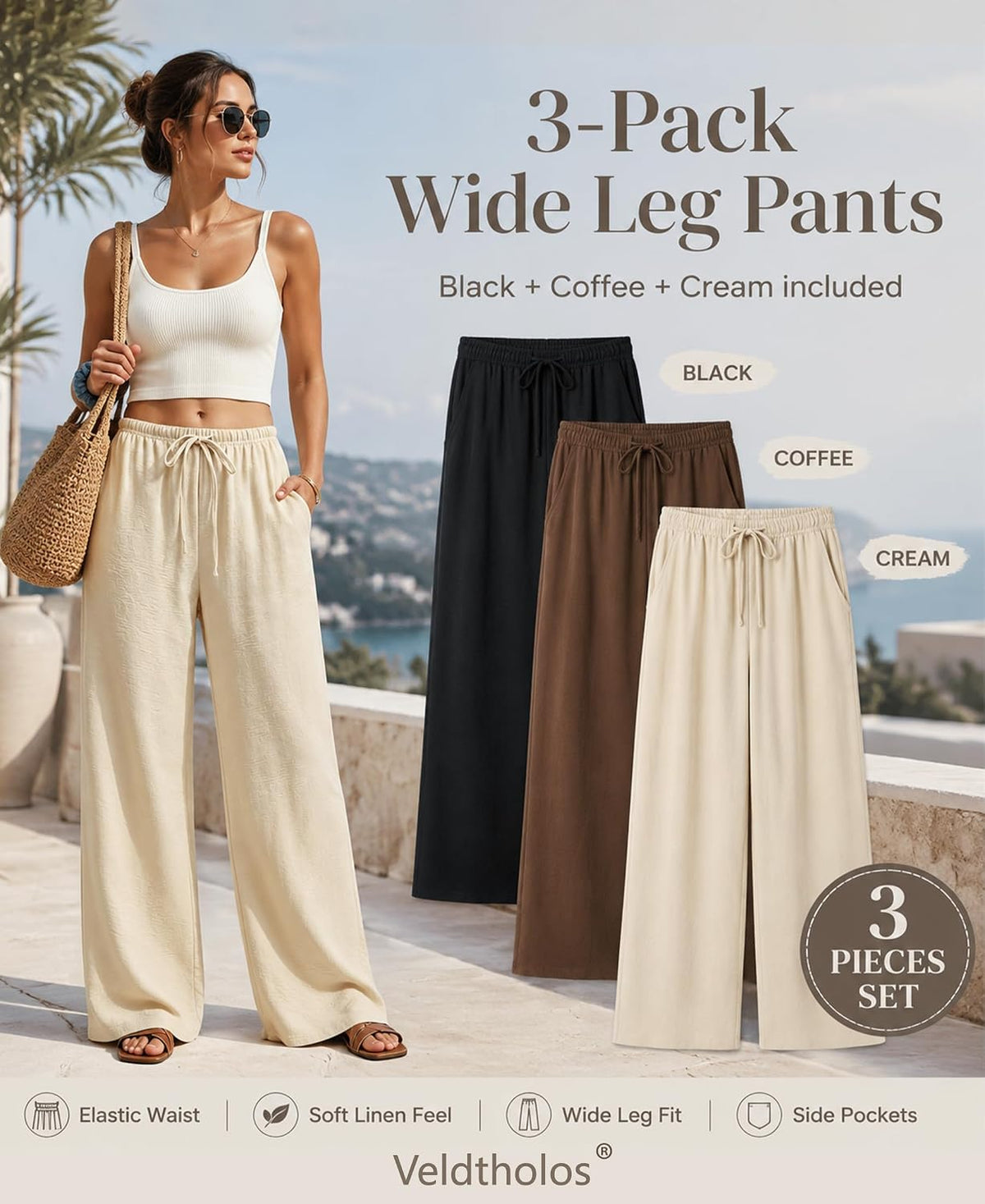 3 Pack Women's Wide Leg Palazzo Pants, Flowy Pants with Pockets