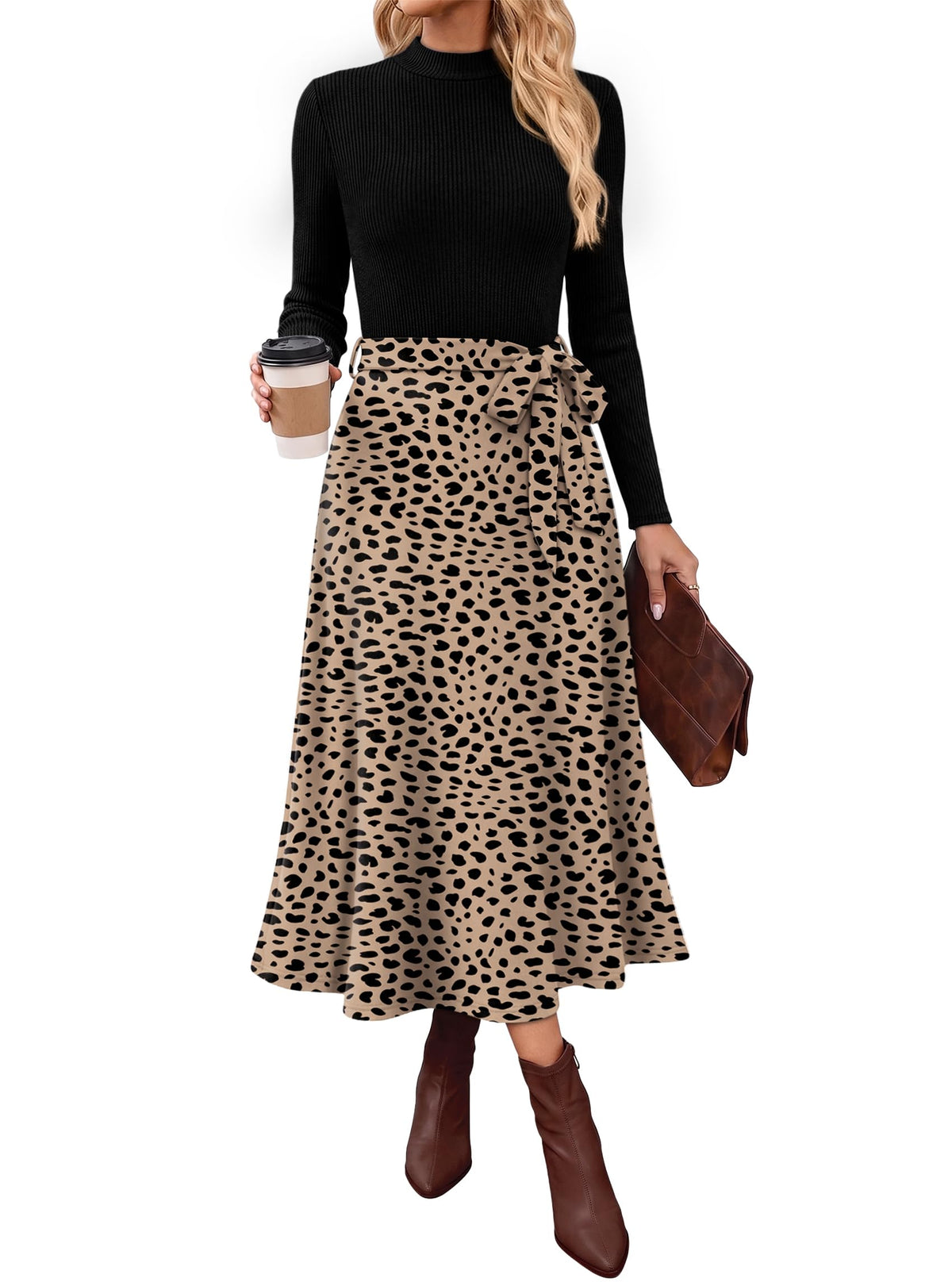 OFEEFAN Long Sleeve Dress Mock Neck Tie Waist Ribbed Knit Midi Dresses Fall Outfits
