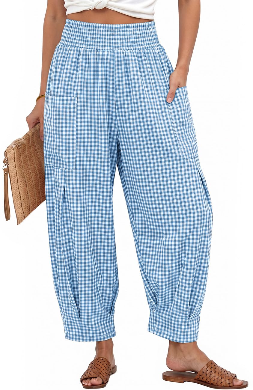 TARSE Women's Linen Gingham Pants Baggy High Waist Palazzo Pants