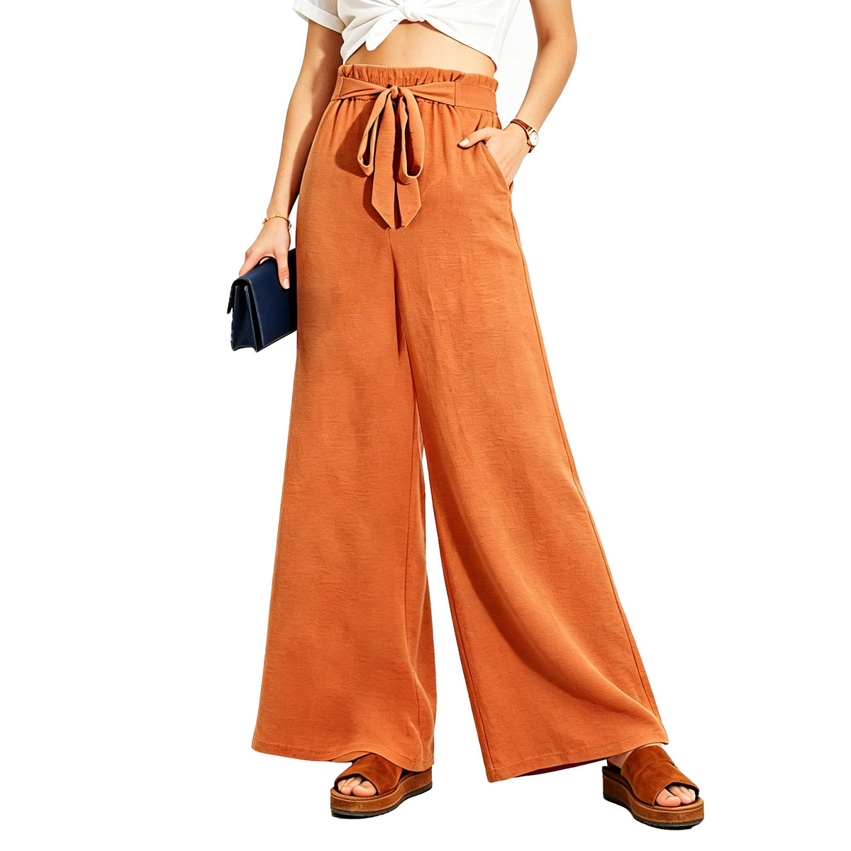 Women Wide Leg Casual Pants High Waist Flowy Palazzo Trousers Adjustable Knot Stylish Lounge Business Pants with Pockets