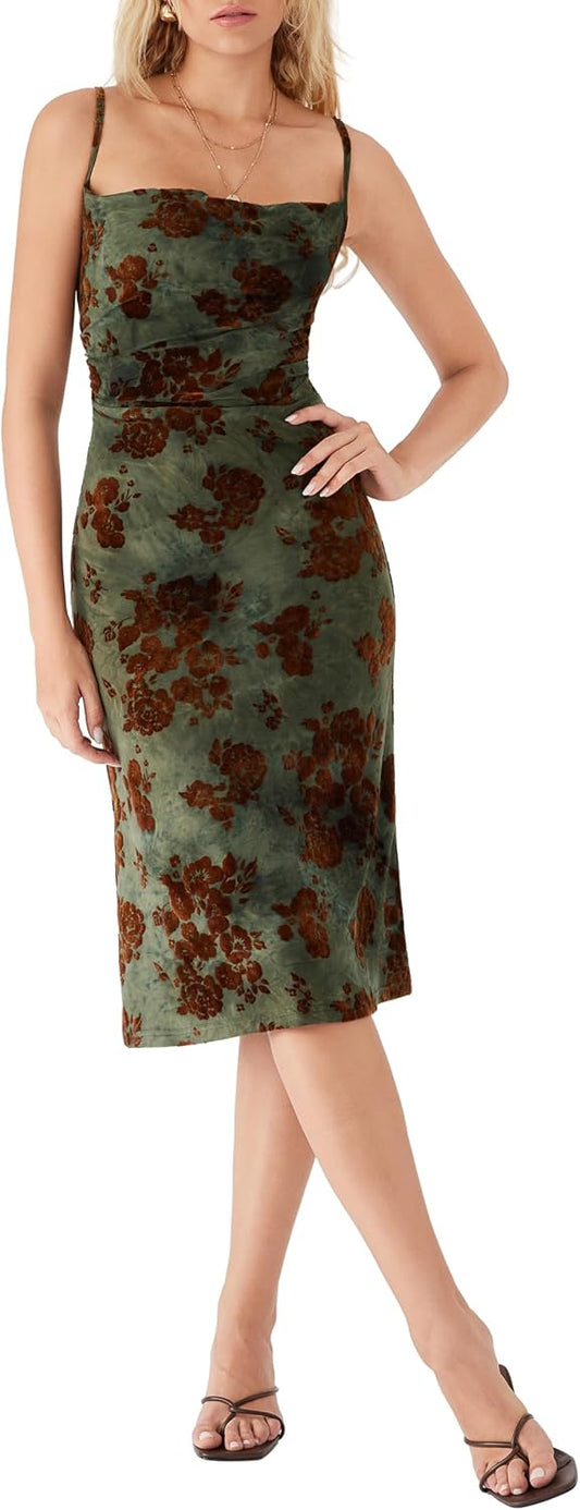 CIDER Womens Velvet Dress Floral Sleeveless Midi Wedding Guest Dresses