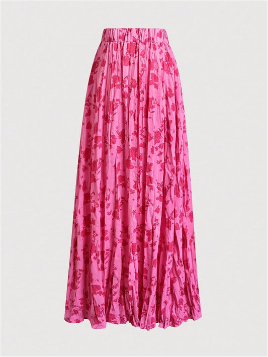 SOLY HUX Women's Floral Print Ruffle Maxi Skirt High Elastic Waist Flowy Boho Skirts