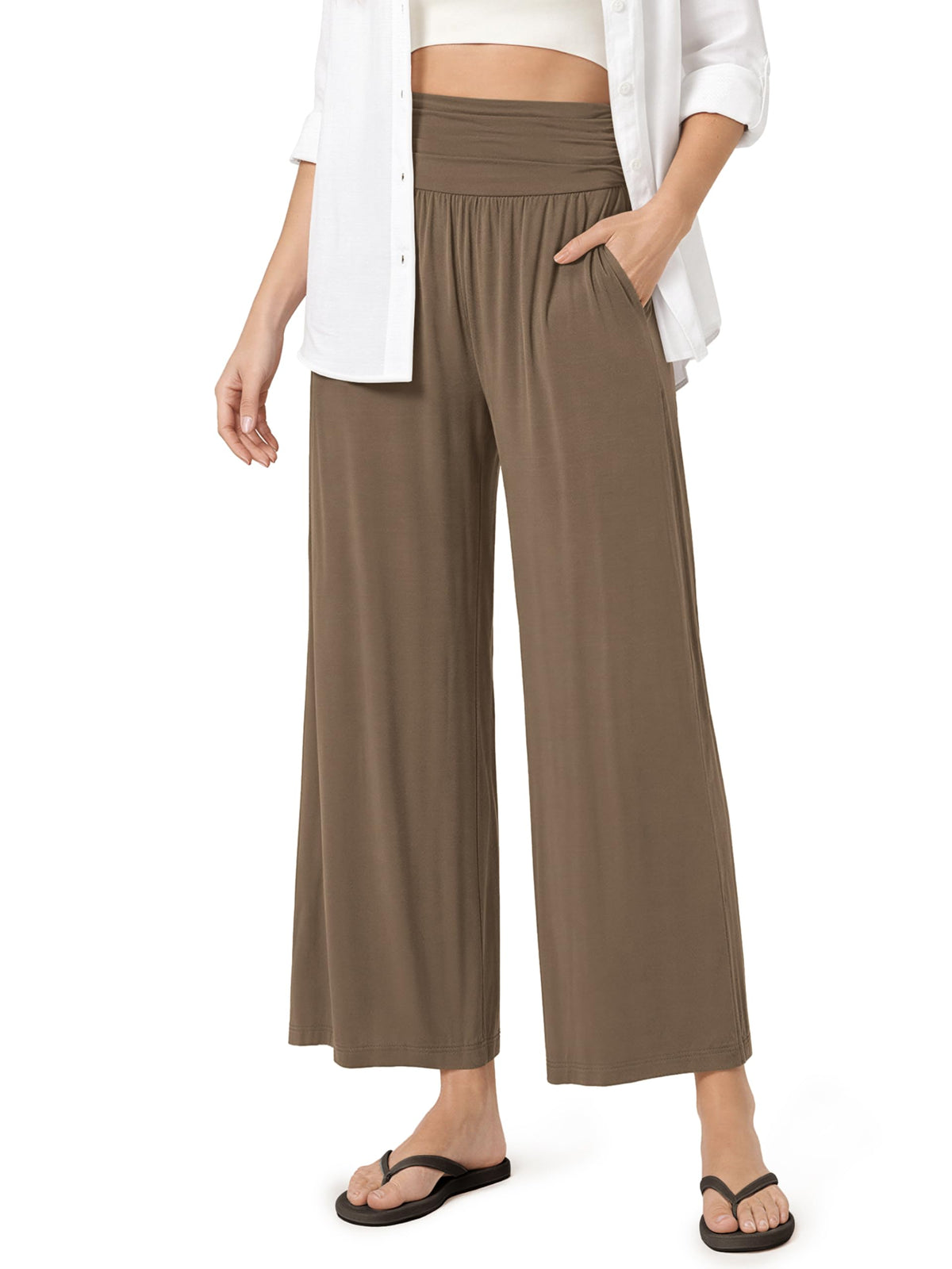 ODODOS Women's Wide Leg Palazzo Lounge Cropped Pants with Pockets Light Weight Comfy Pajama Capri Pants-20/22"/ 24" Inseam