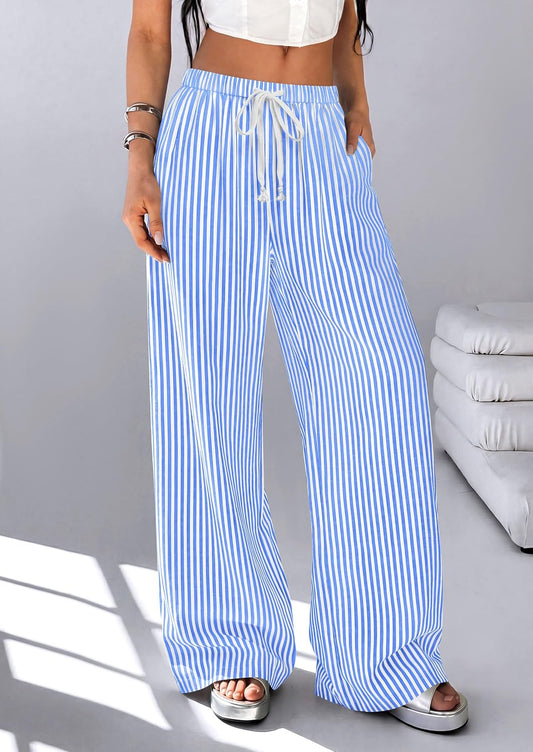 PRETTYGARDEN Striped Wide Leg Pants Women Loungewear with Pocket