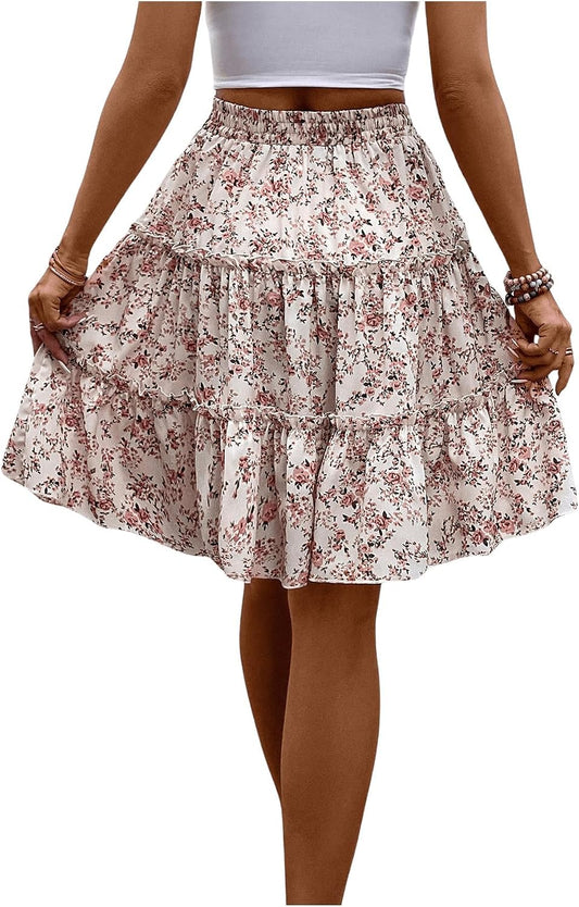 WDIRARA Women's Floral Boho Ruffle Knee Length Summer Skirt