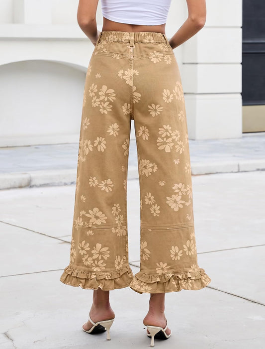 Eddoyee Women's Wide Leg Ruffle Hem Baggy Pants