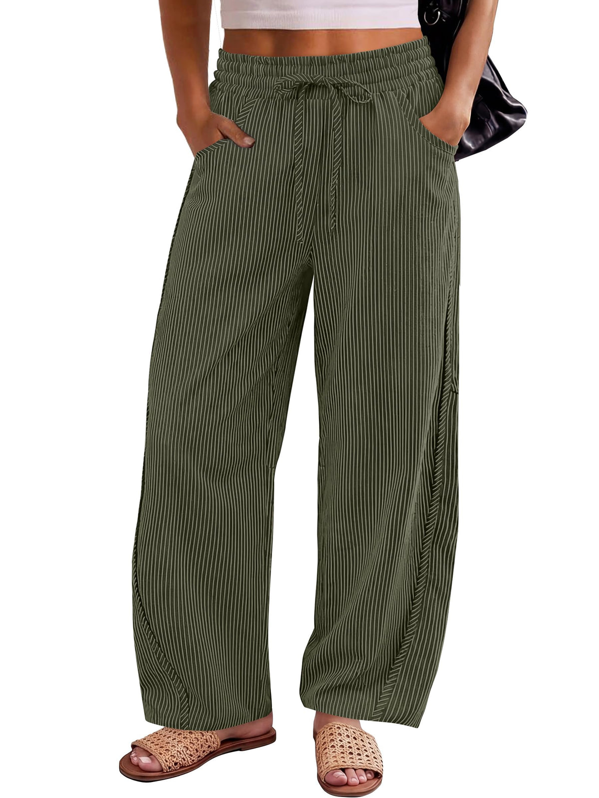 ANRABESS Womens Striped Barrel Casual Pants 2026 Trendy Summer Elastic Drawstring Baggy Lounge Wide Leg Trousers with Pockets