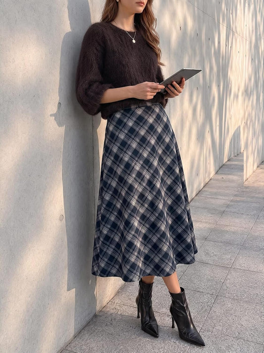 Tankaneo Womens Plaid Long Skirts Elastic Waist A-line Maxi Skirt 2026
