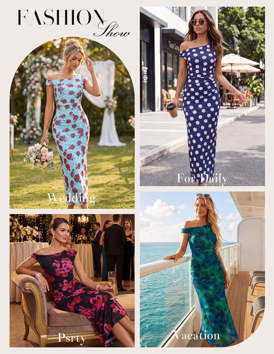 GRACE KARIN Women One Shoulder Bodycon Floral Wedding Guest Cocktail Dress