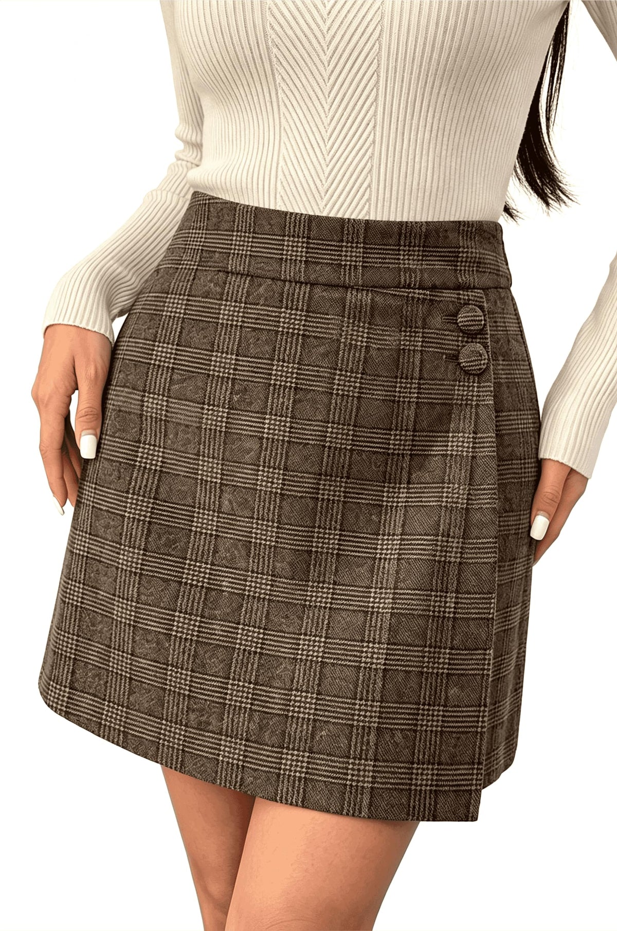 Pink Queen Plaid Skirts for Women with Pockets Button Decor Wrap Hem